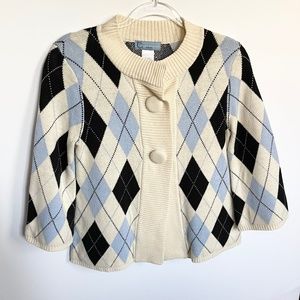 Women’s Petite Small Blue & White Argyle Button-Up Cardigan Sweater